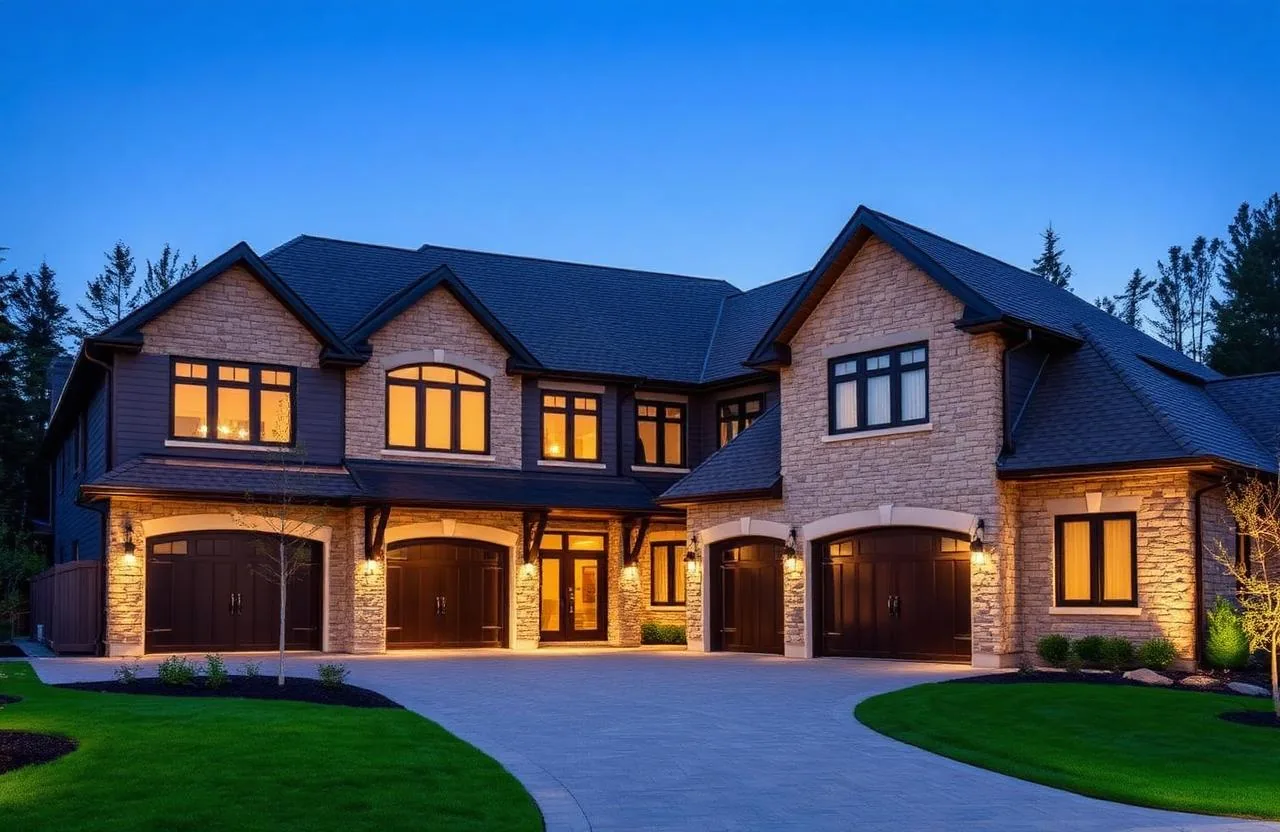 Modern custom luxury home exterior in Ancaster, Ontario at dusk