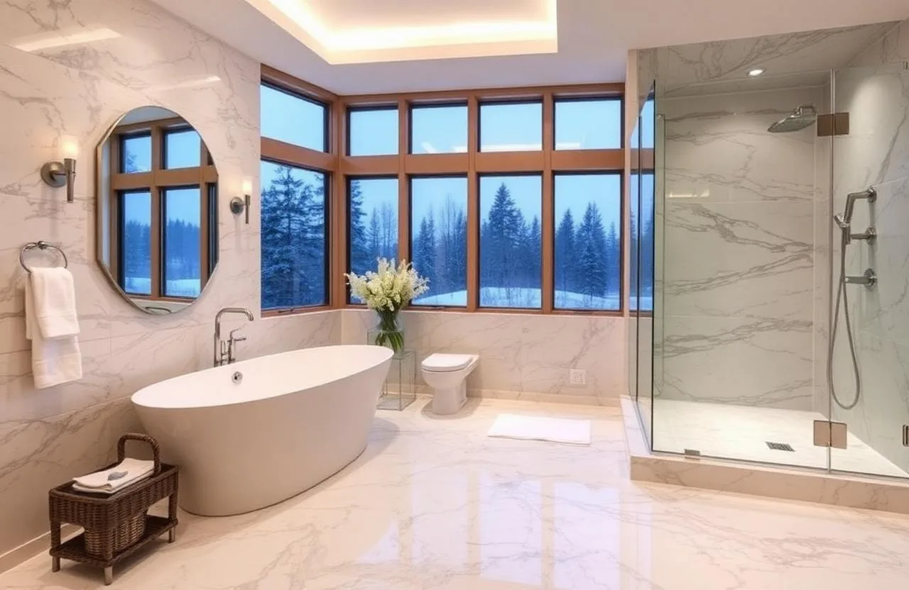 Luxury primary bathroom suite with marble and freestanding tub in an Oakville home