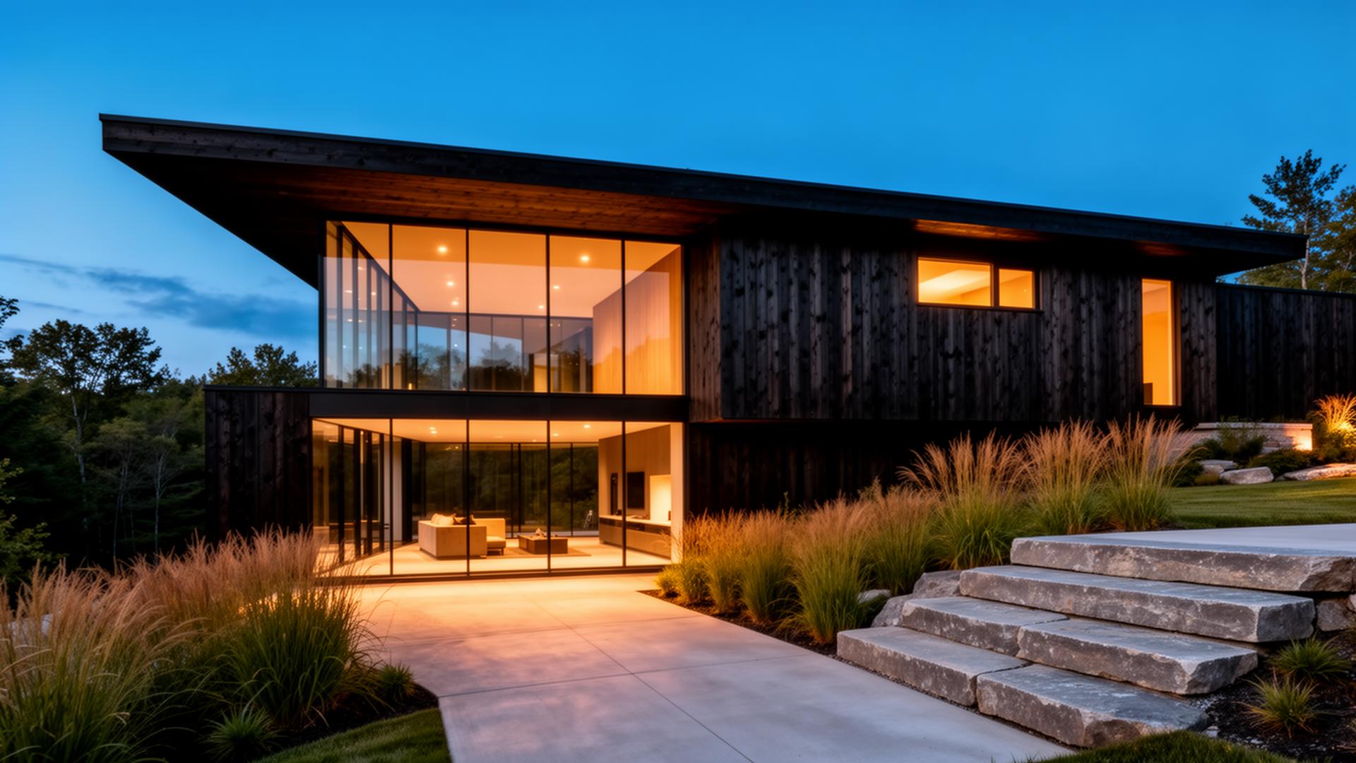 Modern custom-built home in Ontario at dusk with floor-to-ceiling glass and dark cedar siding
